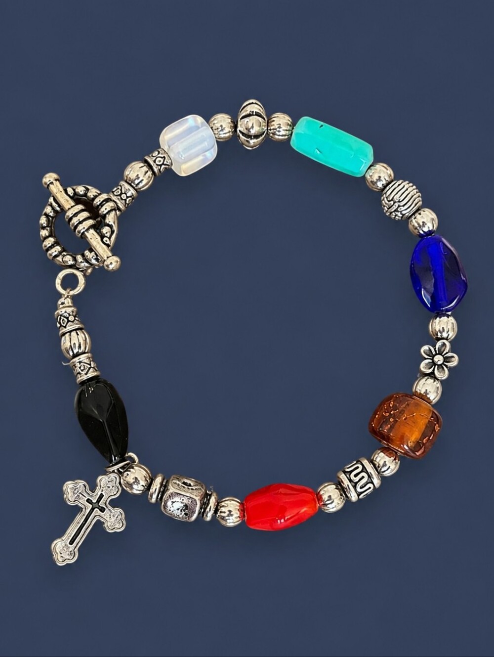 HANDMADE Rainbow Glass Metal Beaded Cross Toggle Bracelet